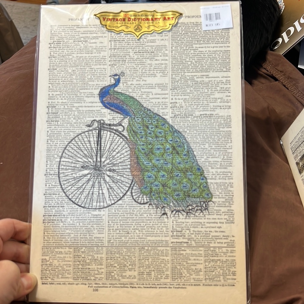 Peacock Riding A Bicycle - Vintage Dictionary Wall Decor - BRAND NEW!